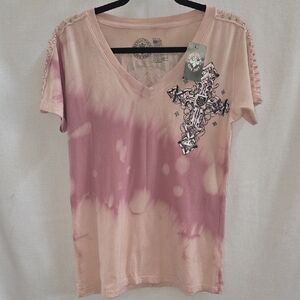 Affliction Pink Tie-Dye V-Neck Top with Cross Graphic